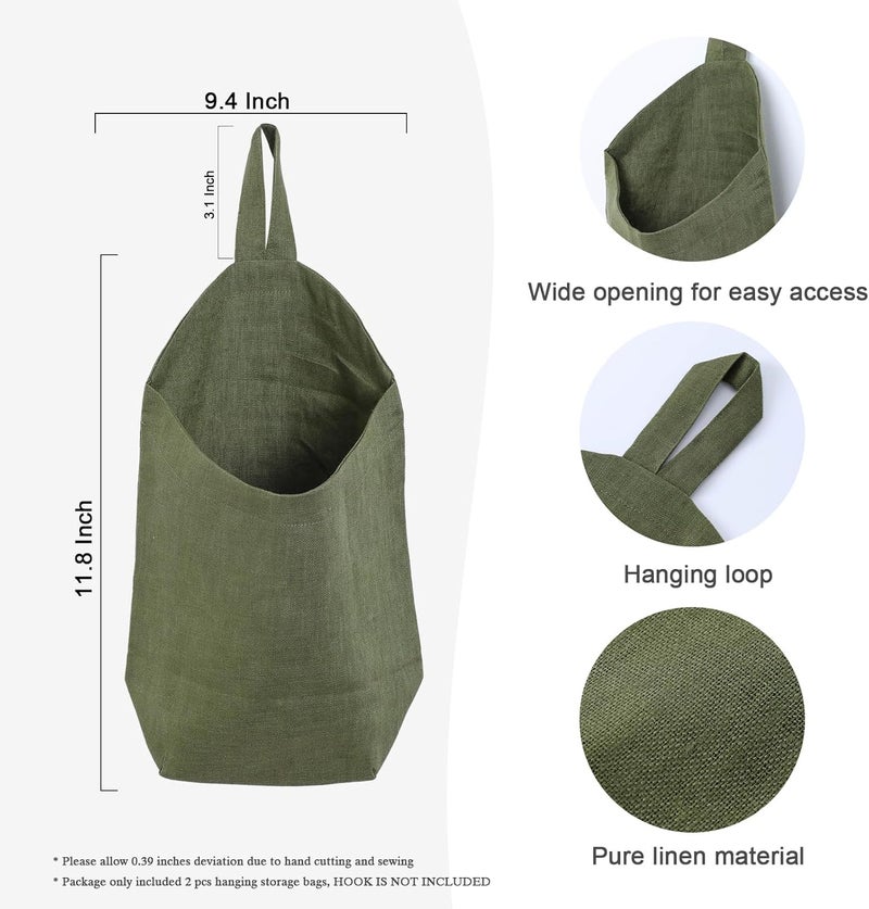 HSOFTIFY 100% Linen Hanging Storage Bags Baskets 2 Pcs, Small Wall Storage Bag for Kitchen, Bedroom, RV Camper Organizer, Sewing Room, Nursery Storage, Kids Room, Army Green - Image 2